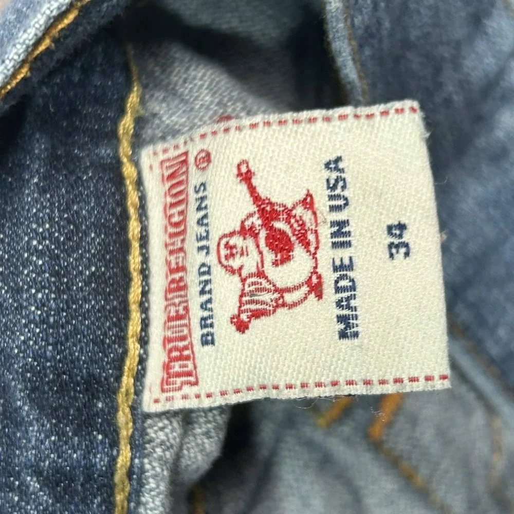 True Religion Jeans Mens 34x26 Blue Denim Straight Medium Wash Flaps USA Made